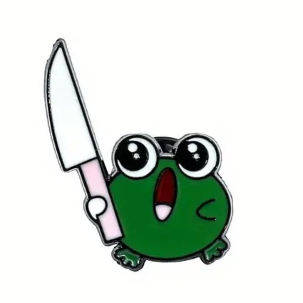 Green Frog Knife Murder Enamel Pin Brooch Froggy Scary Cute